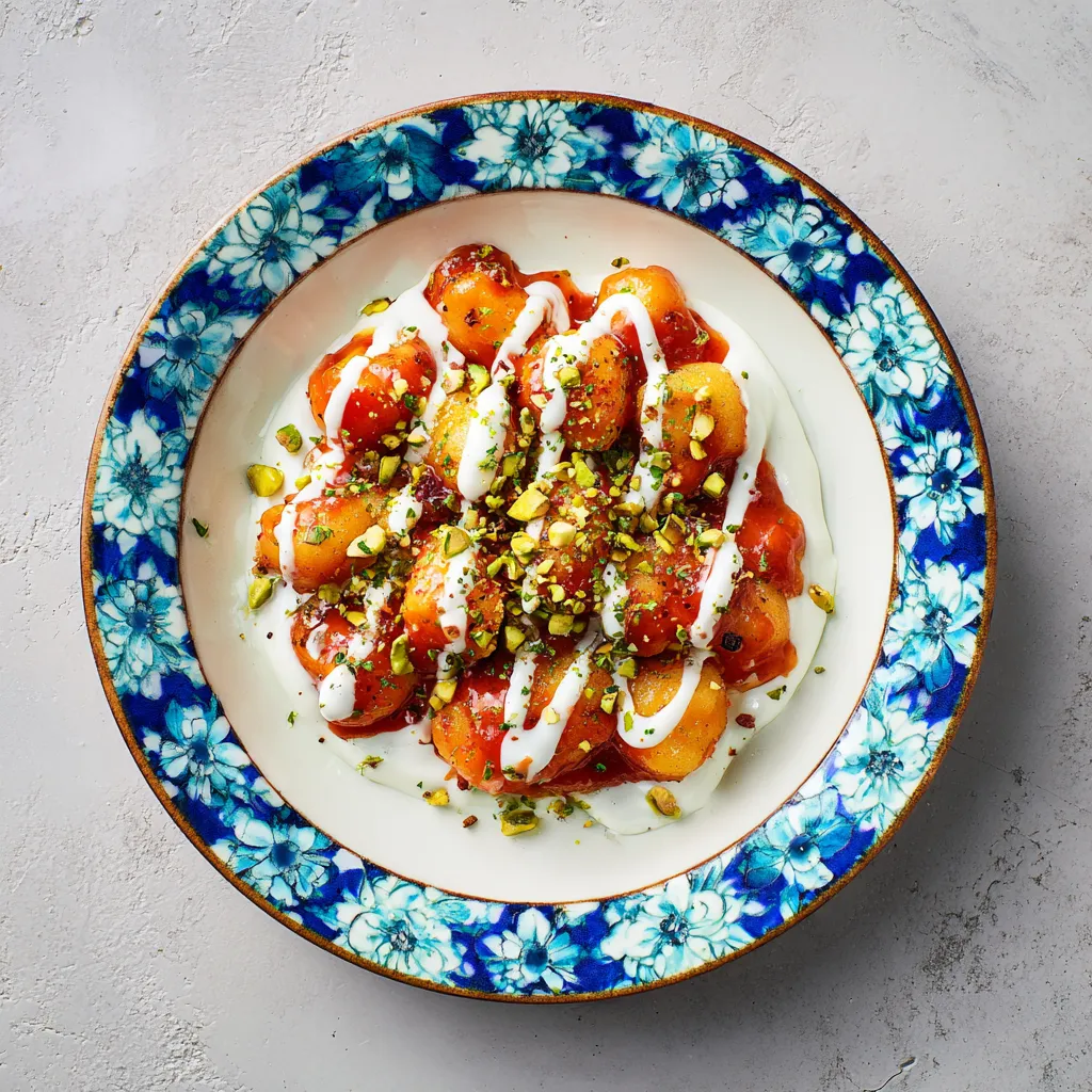 Warmly lit sweet potato gnocchi displayed on a rustic surface, with soft shadows.
