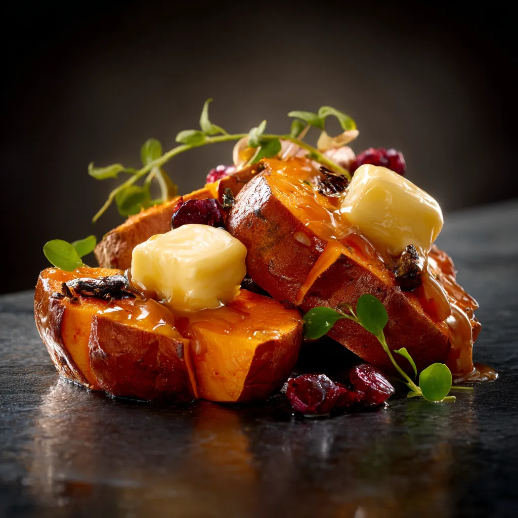 Delicious baked sweet potato resting on a rustic plate, with soft shadows adding depth.