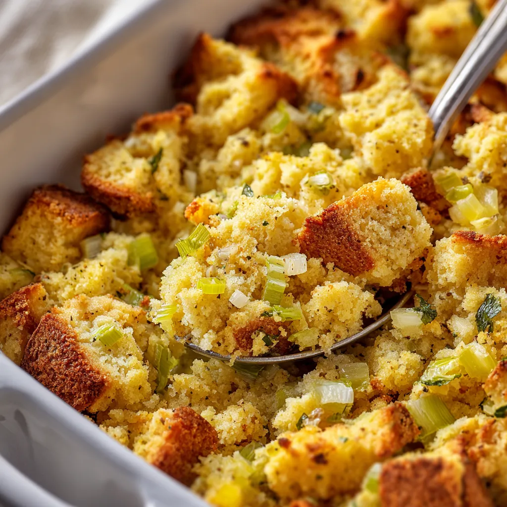 Detailed view of cornbread stuffing with herbs and vegetables in a cozy kitchen setting.
