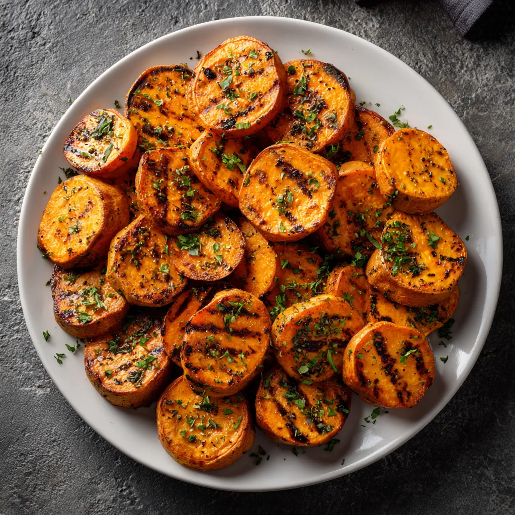 Delicious roasted sweet potato cubes, lightly browned and topped with fresh herbs.