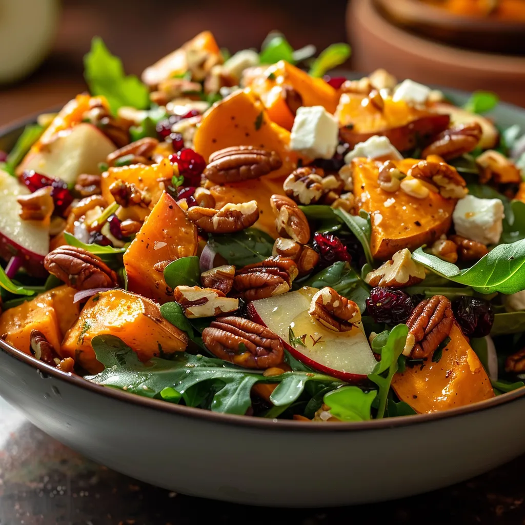 Eye-level view of a Sweet Potato Salad with fresh arugula and feta.