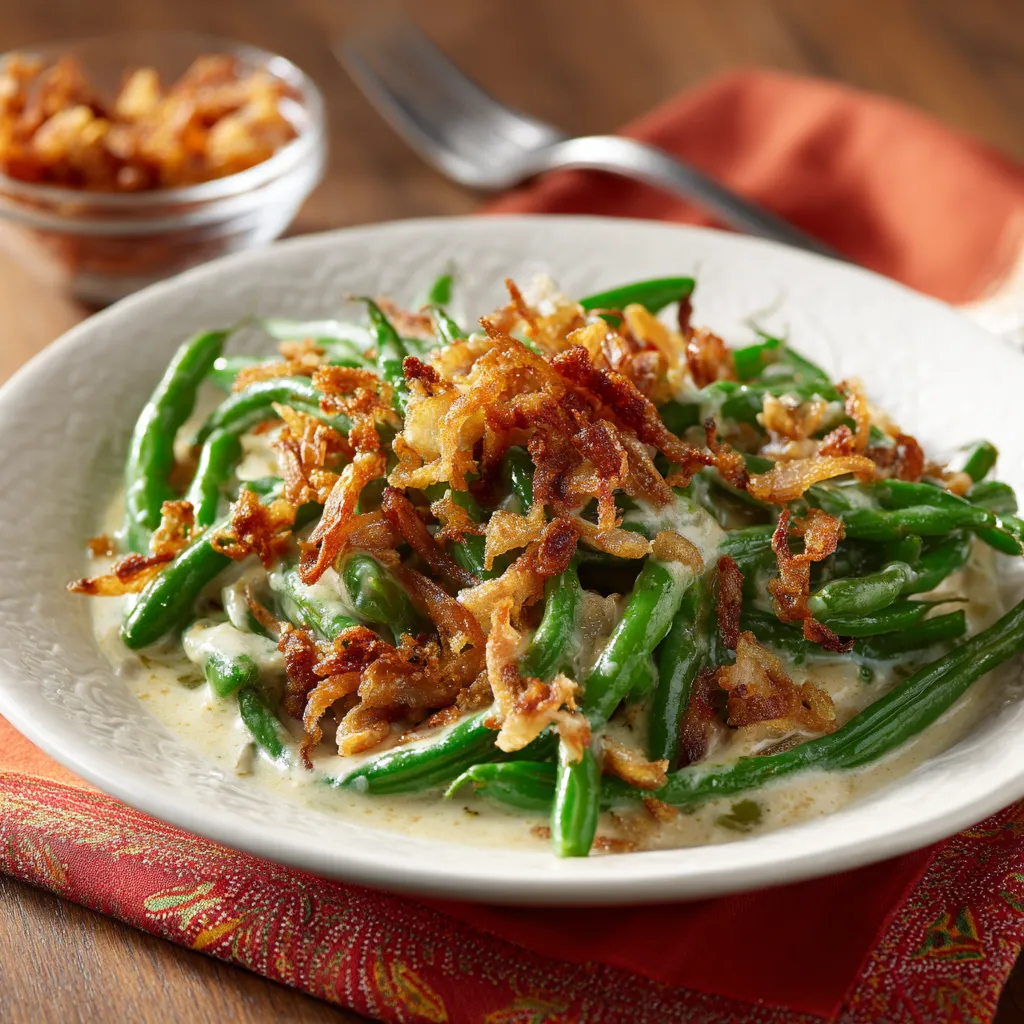 A mouthwatering dish of green bean casserole featuring French fried onions against a blurred background.