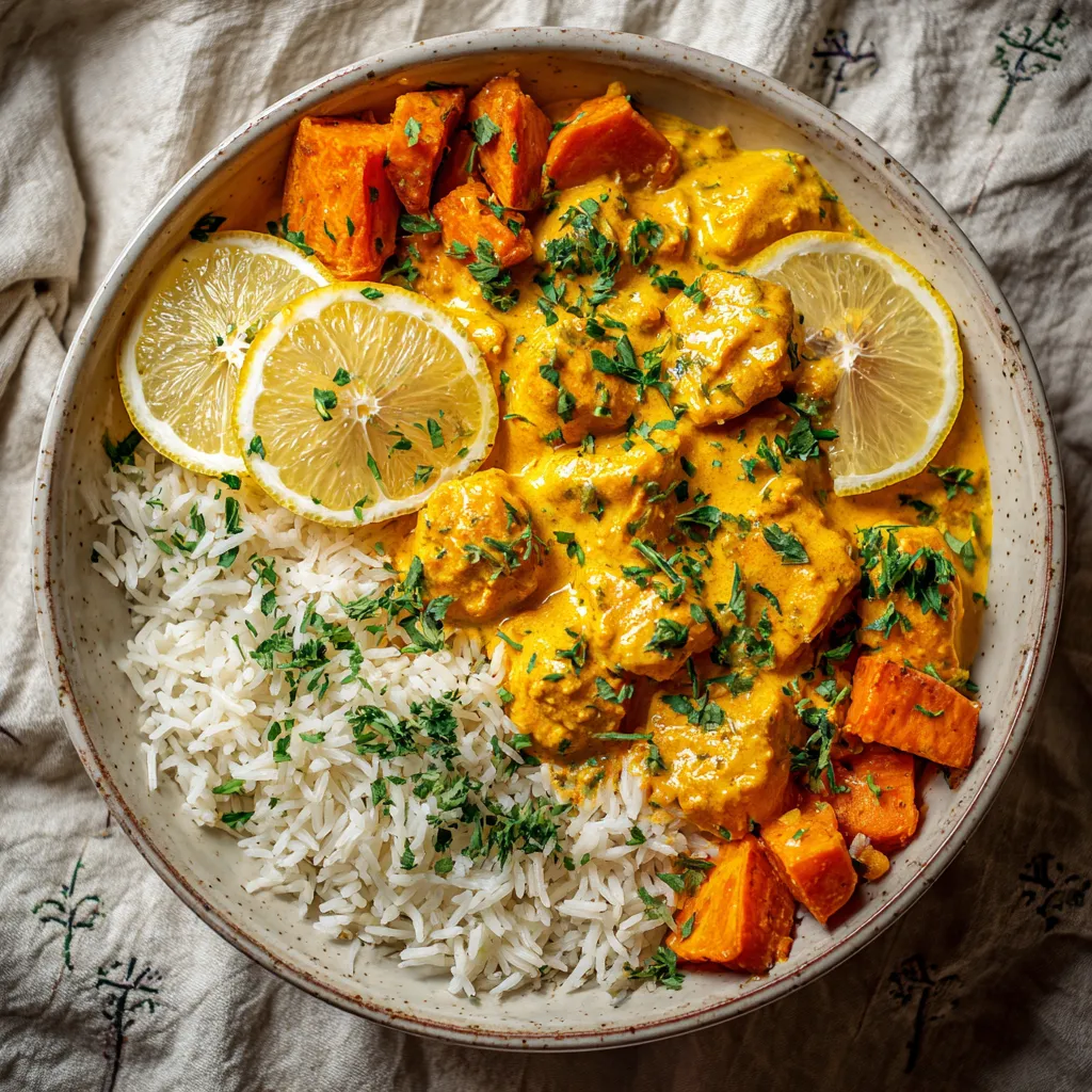 Delicious sweet potato curry in a rustic bowl, with soft shadows and warm lighting enhancing its appeal.
