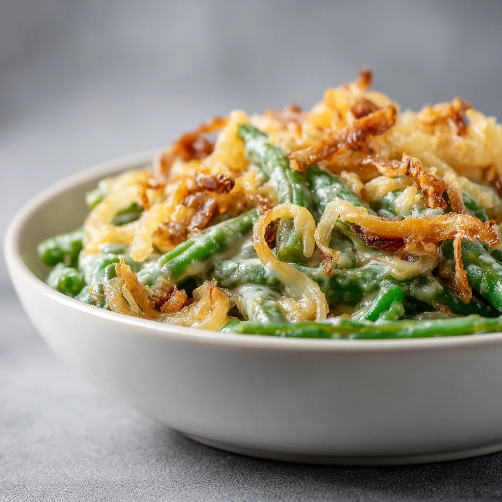 Freshly baked green bean casserole showcasing vibrant green beans and a rich, creamy texture.