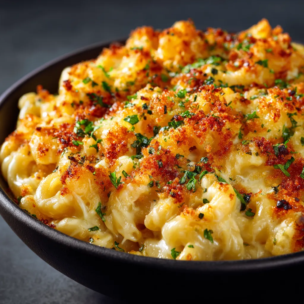 A detailed shot of macaroni and cheese, showcasing a variety of cheeses melted together with elbow macaroni.