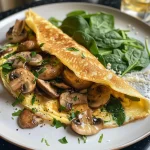 Close-up of a fluffy Just Egg omelette with colorful vegetables.