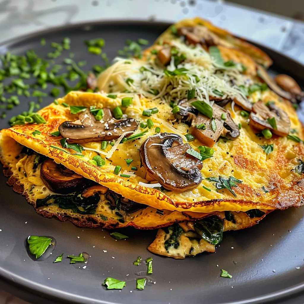 Side view of a vegan omelette showcasing mushrooms and spinach.