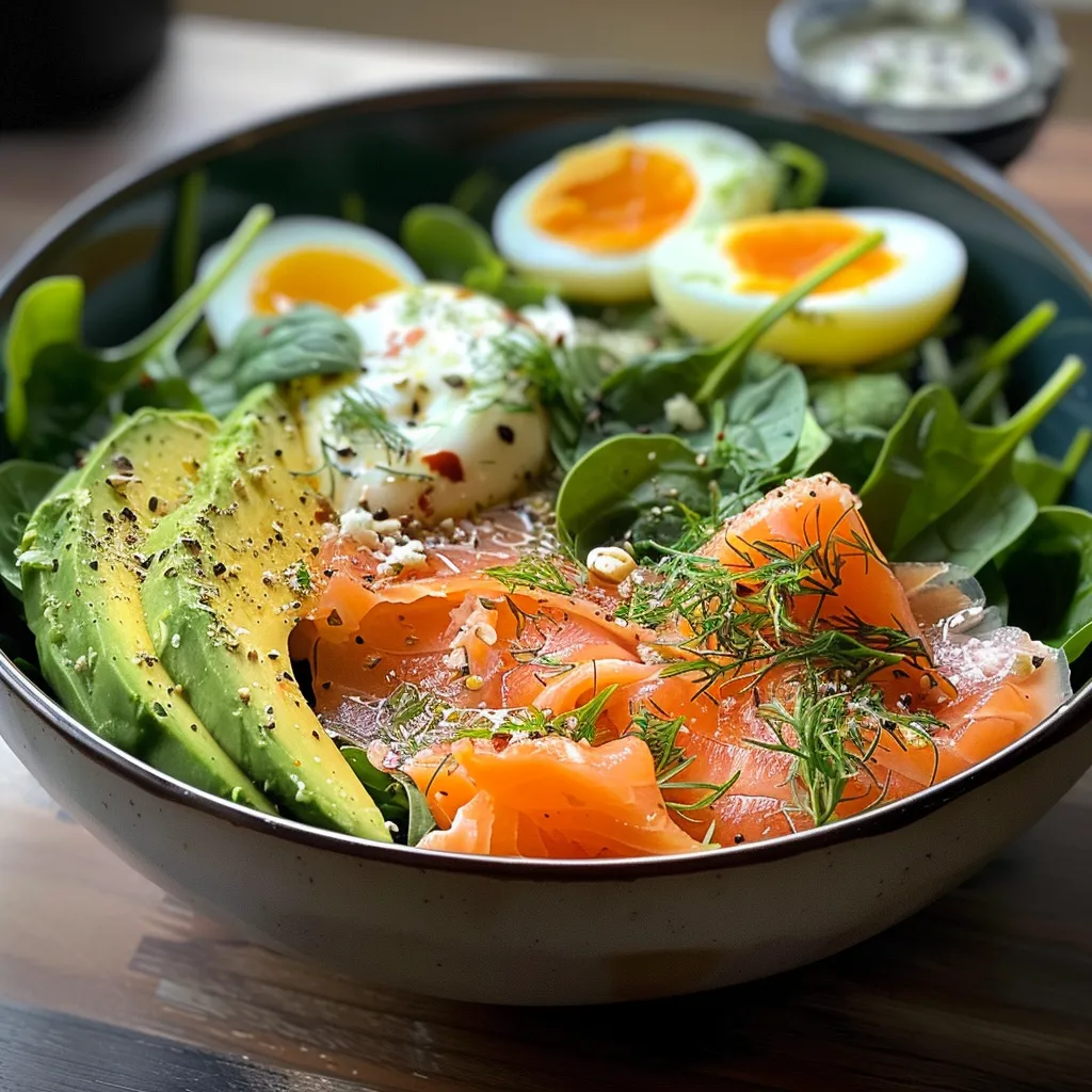 Side view of a bowl filled with diced avocado, smoked salmon, poached eggs, and fresh spinach.
