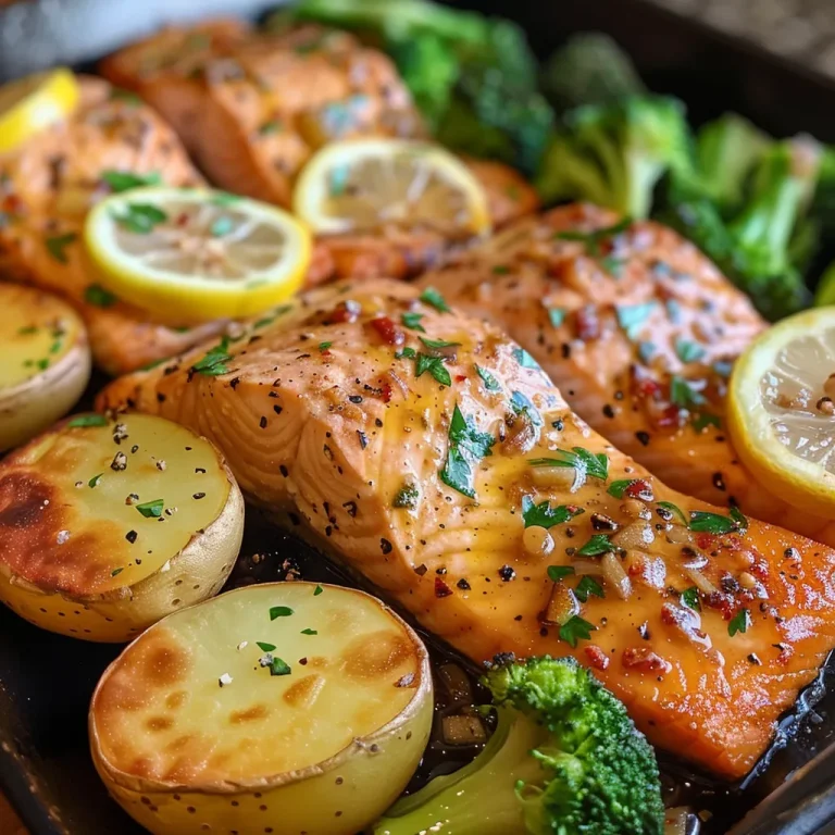 Juicy Lemon Butter Salmon fillets with crispy potatoes and vibrant roasted broccoli.