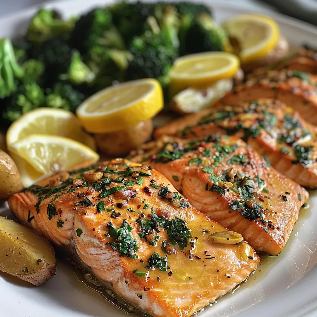 Close-up view of Lemon Butter Salmon, golden potatoes, and bright green broccoli.