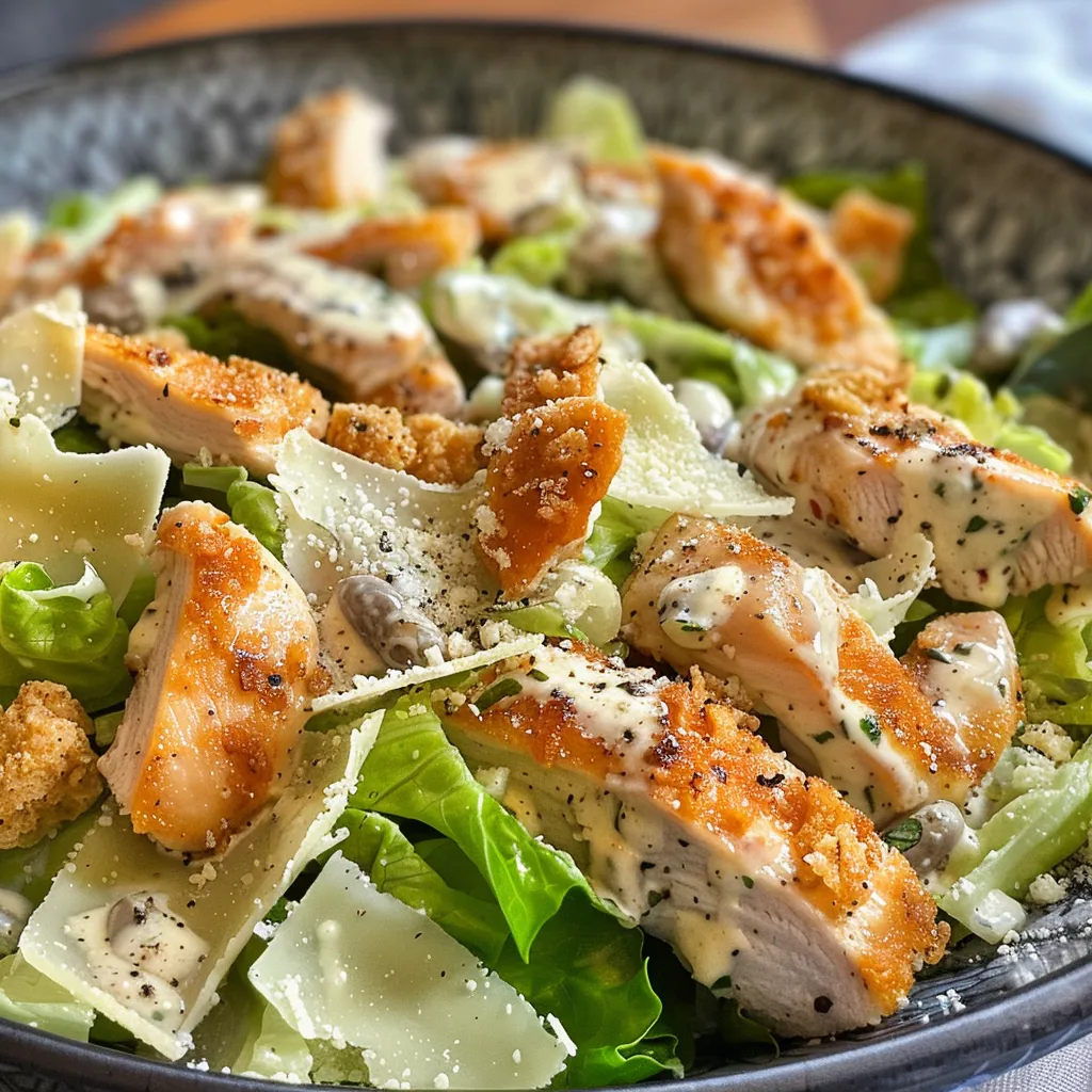 A vibrant Low Carb Caesar Salad featuring sliced chicken breast, romaine lettuce, and parmesan cheese, captured in natural light.