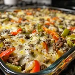 Close-up view of a Low Carb Philly Cheesesteak Casserole with melted cheese on top.