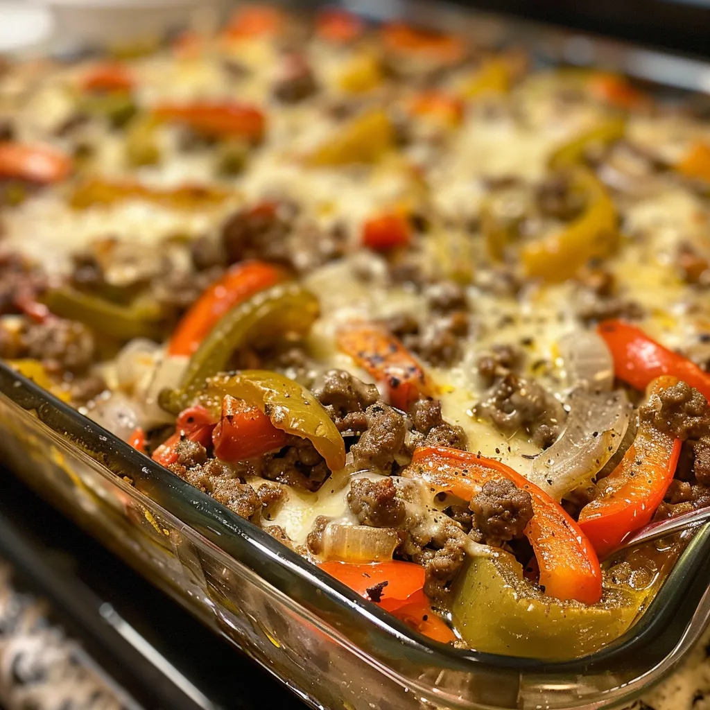 Side view of a cheesy casserole dish filled with ground beef, onions, and bell peppers.