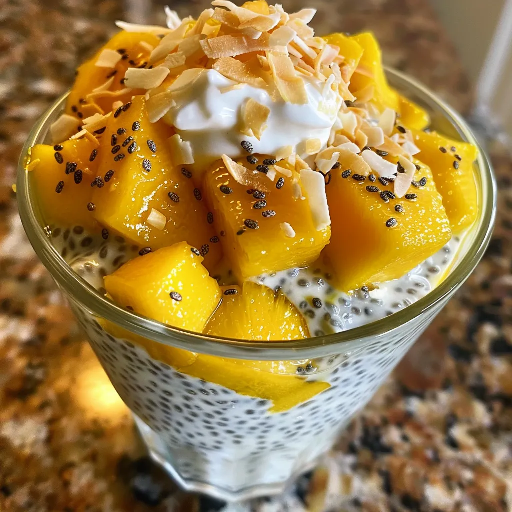 Side view of a vibrant chia seed pudding topped with mango and coconut flakes.