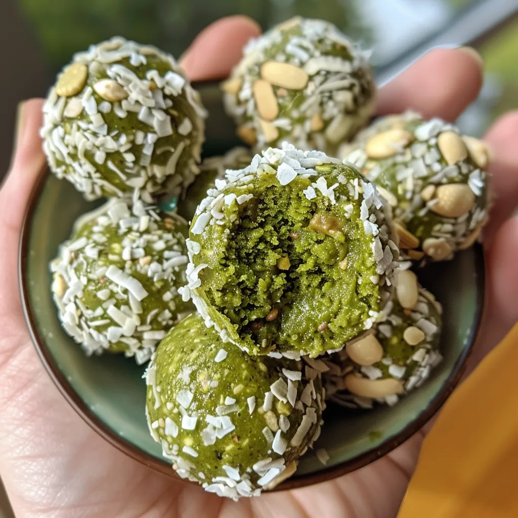 Side view of green Matcha Energy Balls arranged neatly, showcasing their round shape.