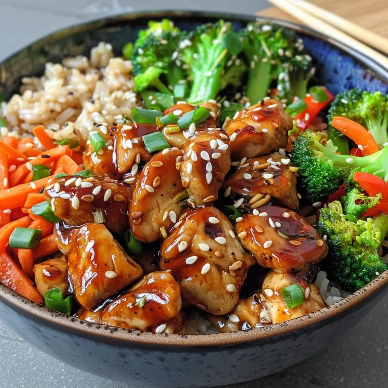 Close-up of Meal Prep Teriyaki Chicken Bowl with colorful stir-fry vegetables and brown rice.