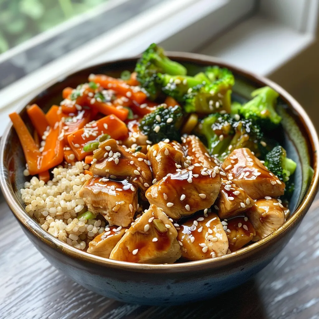 Side view of a delicious Teriyaki Chicken Bowl, featuring diced chicken and vibrant vegetables.