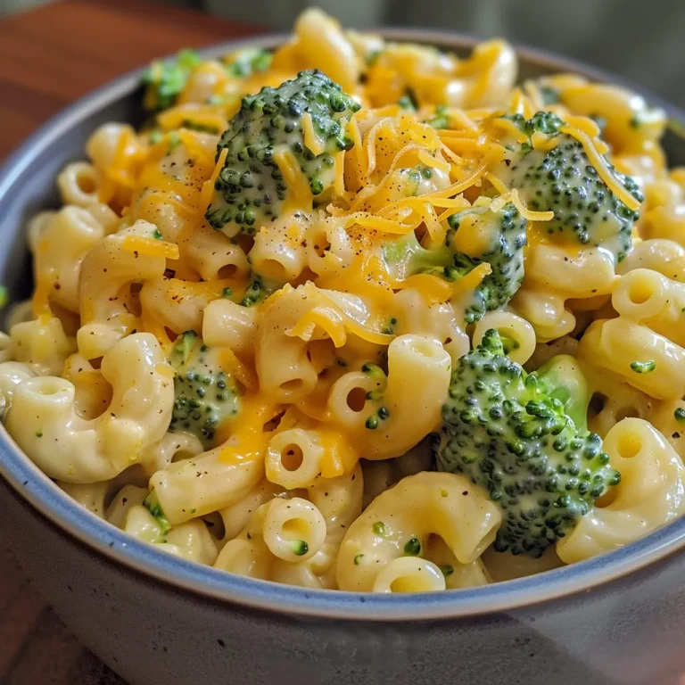 Close-up view of creamy broccoli mac and cheese in a pot, featuring visible broccoli and cheese.