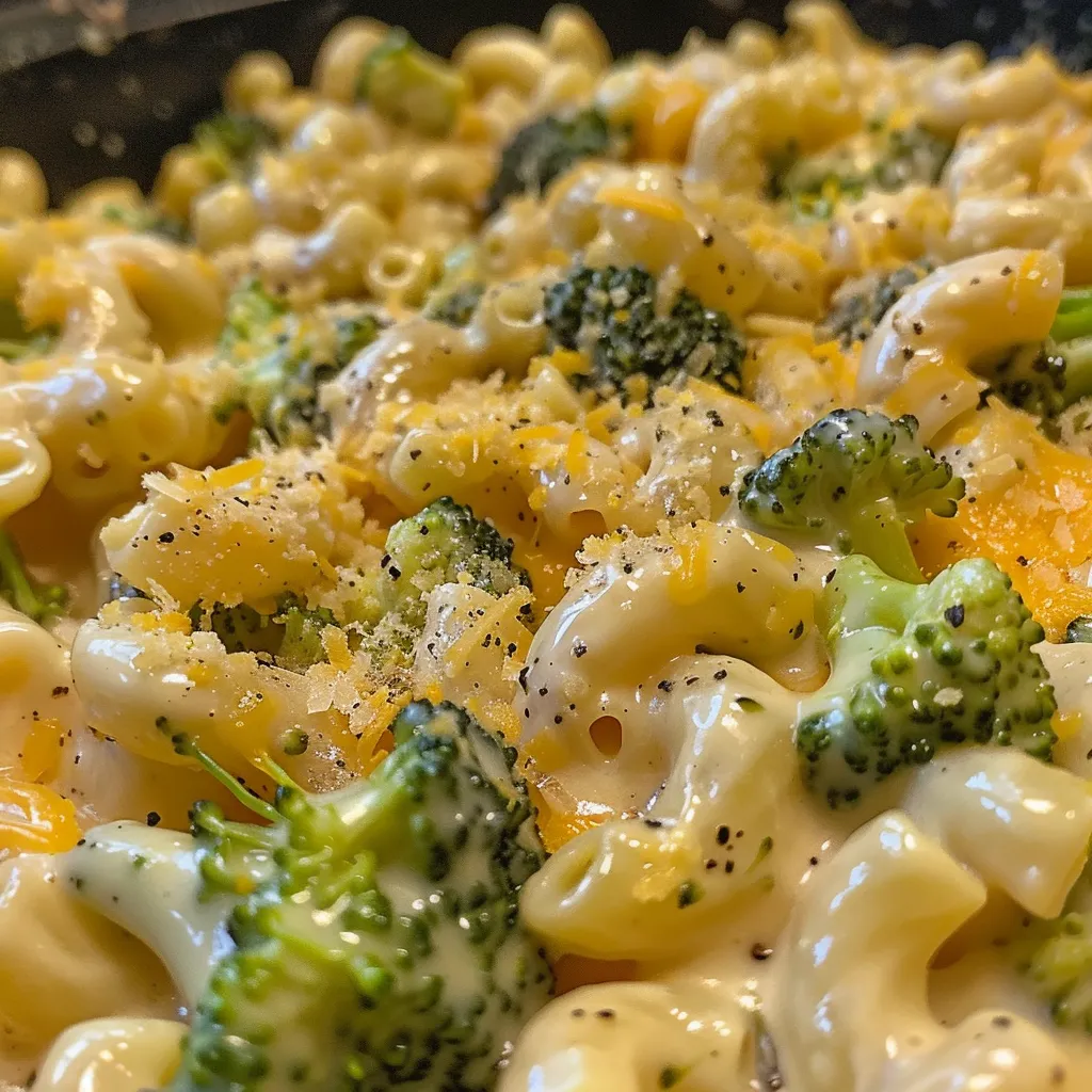 Side angle photo of healthy mac and cheese with broccoli, showcasing its rich texture and ingredients.