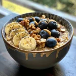 Close-up view of a peanut butter oatmeal bowl topped with banana slices, blueberries, and walnuts.