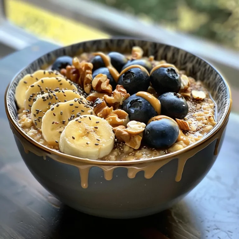 Close-up view of a peanut butter oatmeal bowl topped with banana slices, blueberries, and walnuts.