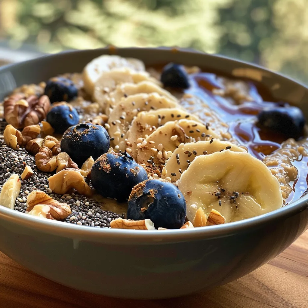 Delicious peanut butter oatmeal bowl featuring hemp seeds and a sprinkle of cinnamon.
