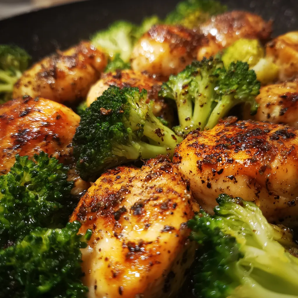 Side view of a delicious Poulet sauté au brocoli.