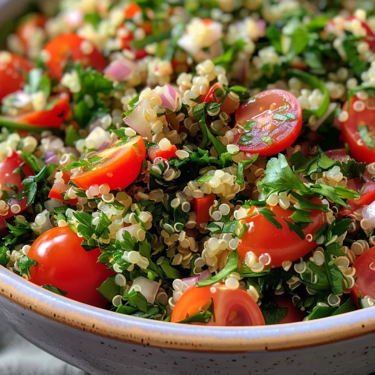 A close-up shot of a vibrant Quinoa Tabouleh Salad in a bowl, featuring fresh herbs and colorful tomatoes.
