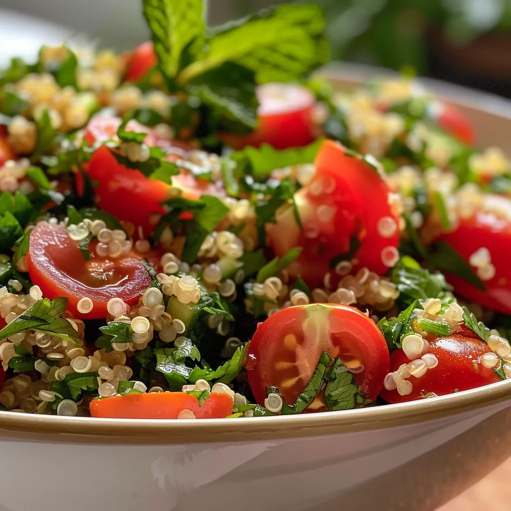 Side view of a quinoa salad filled with parsley, mint, and halved grape tomatoes, showcasing its fresh ingredients.
