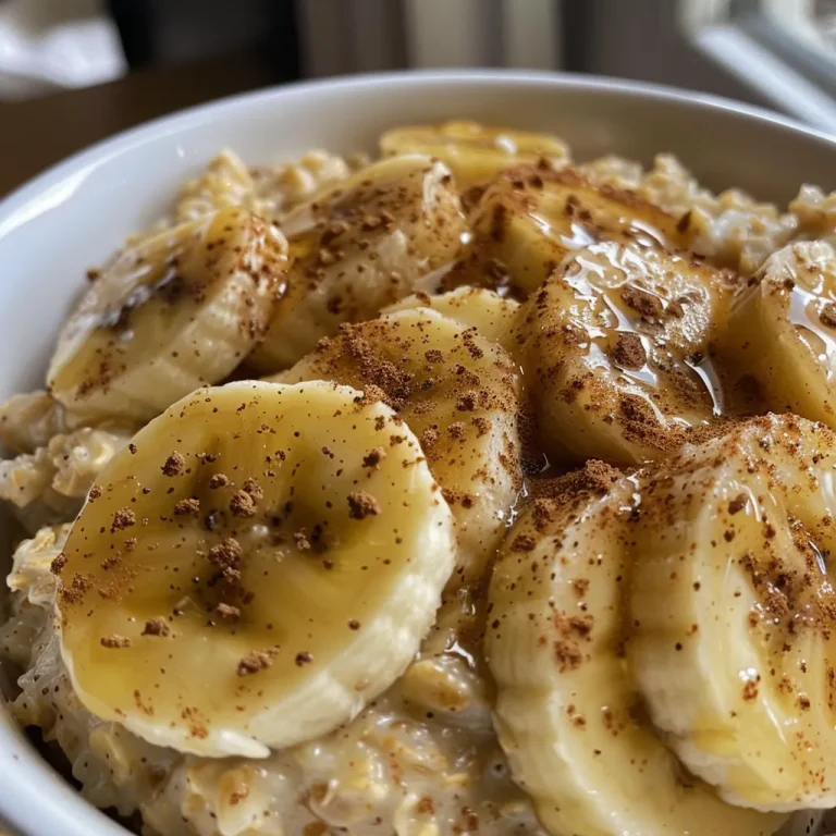 Close-up view of scrambled oats with banana and cinnamon on a plate.