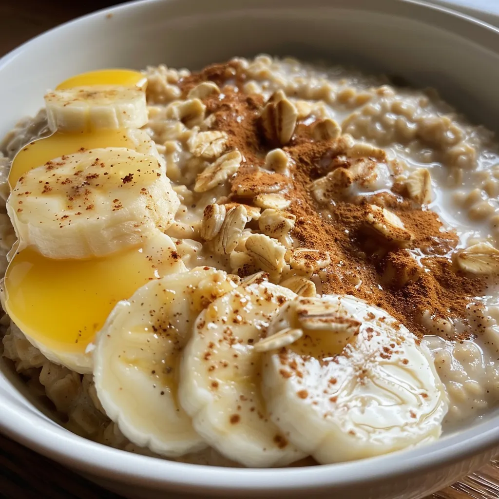 Delicious scrambled oats topped with banana slices, served in a bowl.