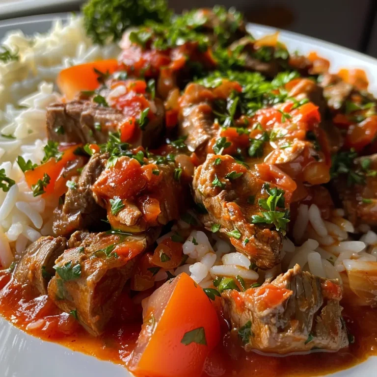 A close-up view of Serbisches Reisfleisch, showcasing juicy chicken, vibrant peppers, and fluffy Basmati rice.