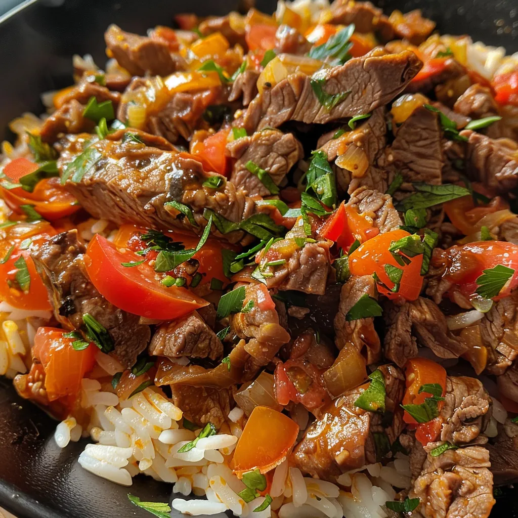 Delicious Serbisches Reisfleisch in a side view, featuring colorful ingredients like peas and diced tomatoes.