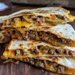 Close-up view of juicy Smashburger Quesadillas with melted cheese and ground beef.