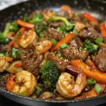 Close-up view of a colorful steak and shrimp stir fry with vibrant vegetables.