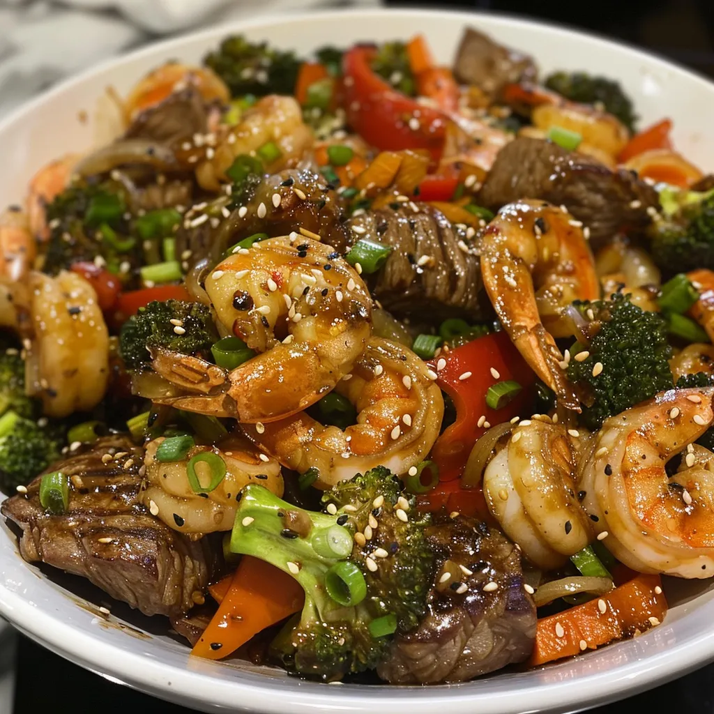 Juicy steak and shrimp stir fry, showcasing bell peppers, broccoli, and carrots.