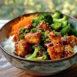 Close-up of a vibrant sticky chicken bowl featuring chicken, broccoli, and rice.