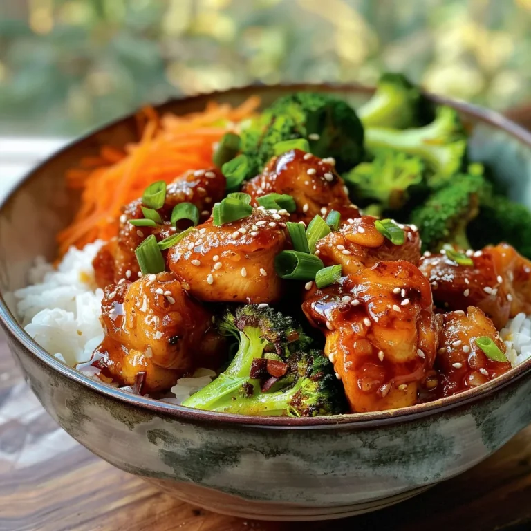Close-up of a colorful Sticky Chicken Bowl with rice, broccoli, and chicken.