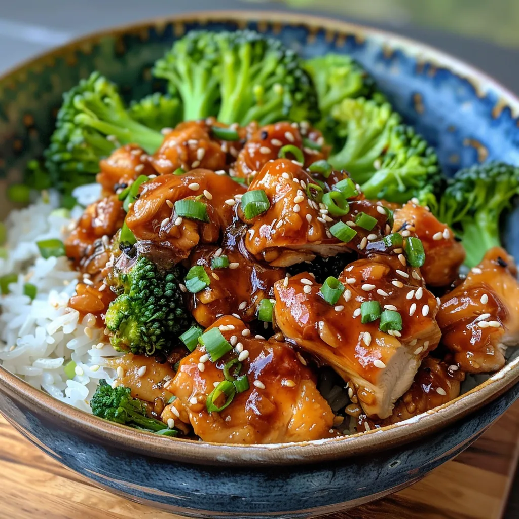 Side view of a bowl filled with sticky chicken, rice, and garnished with sesame seeds.