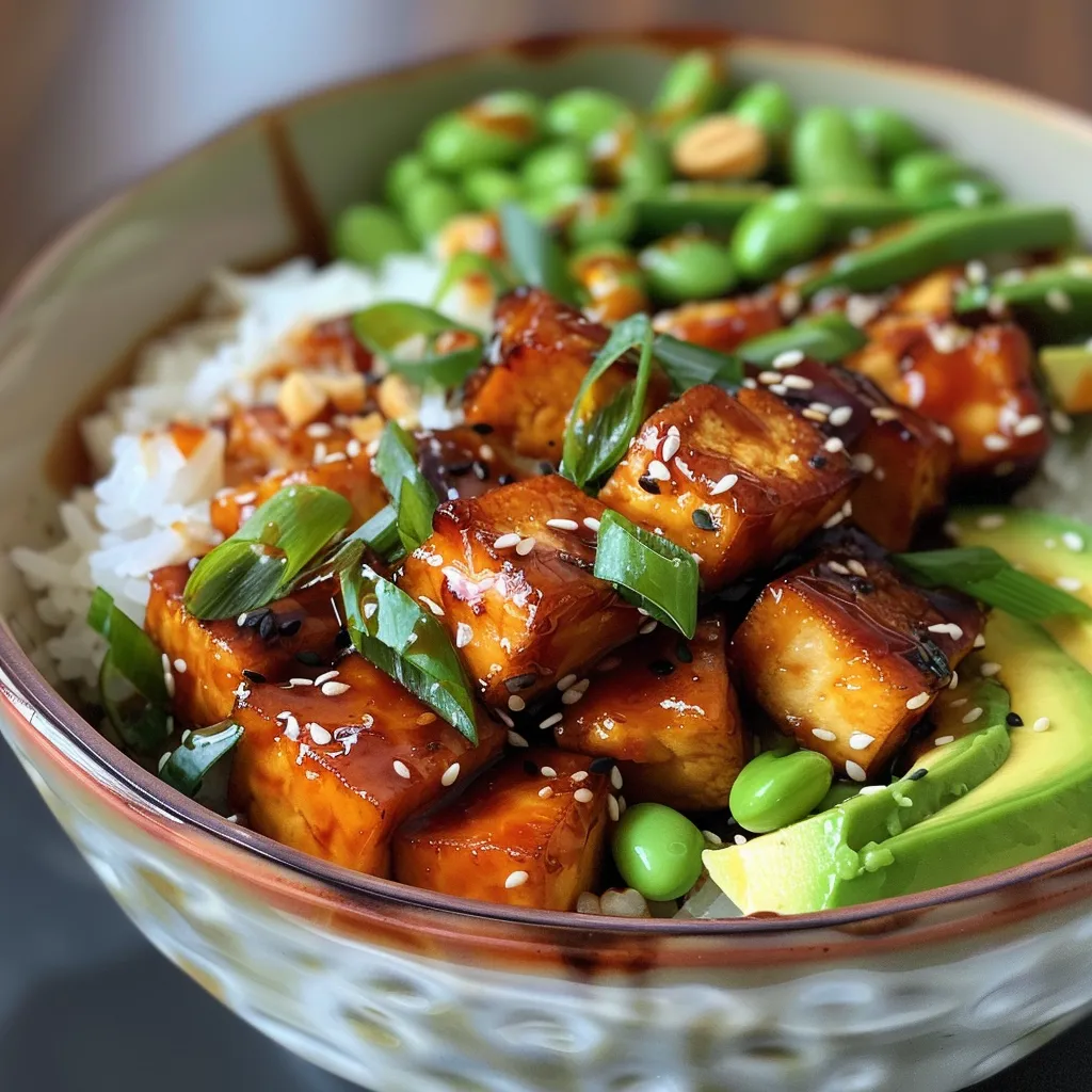 Close-up of a bowl filled with sticky tofu, rice, edamame, and avocado.