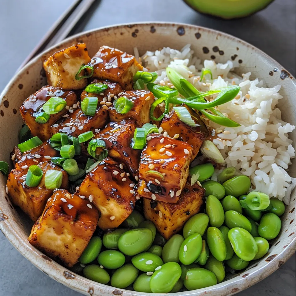 Side view of a delicious sticky tofu bowl showcasing tofu, rice, and garnishes.