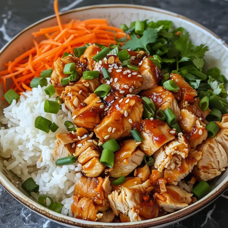 Close-up of a Sweet Chili Chicken Rice Bowl with diced chicken thighs and colorful toppings.