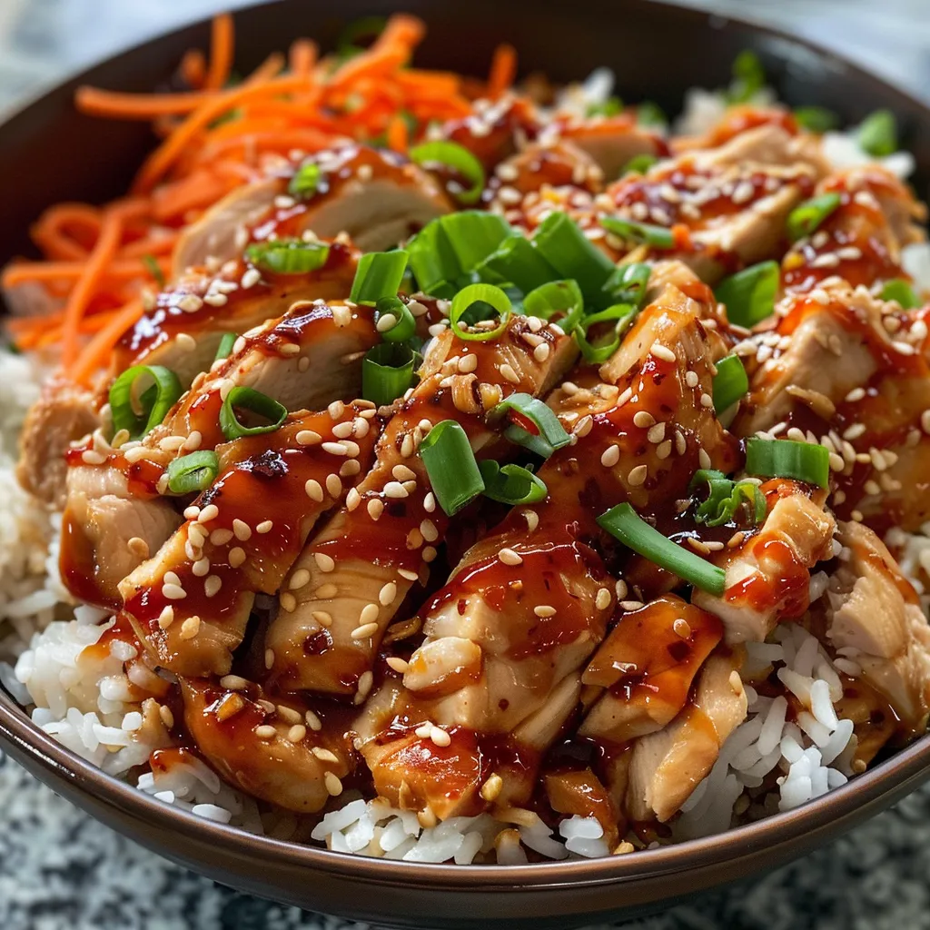 Side view of a vibrant rice bowl featuring sweet chili chicken, pickled cucumbers, and sesame slaw.
