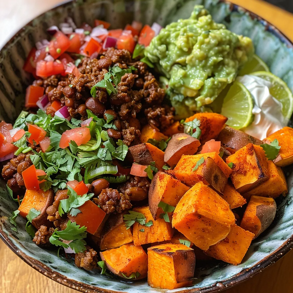 Side view of a Sweet Potato Taco Bowl showcasing layers of sweet potato and toppings.
