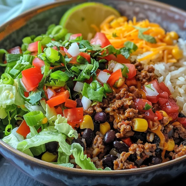 Close-up view of a Taco Rice Bowl with layers of colorful ingredients.