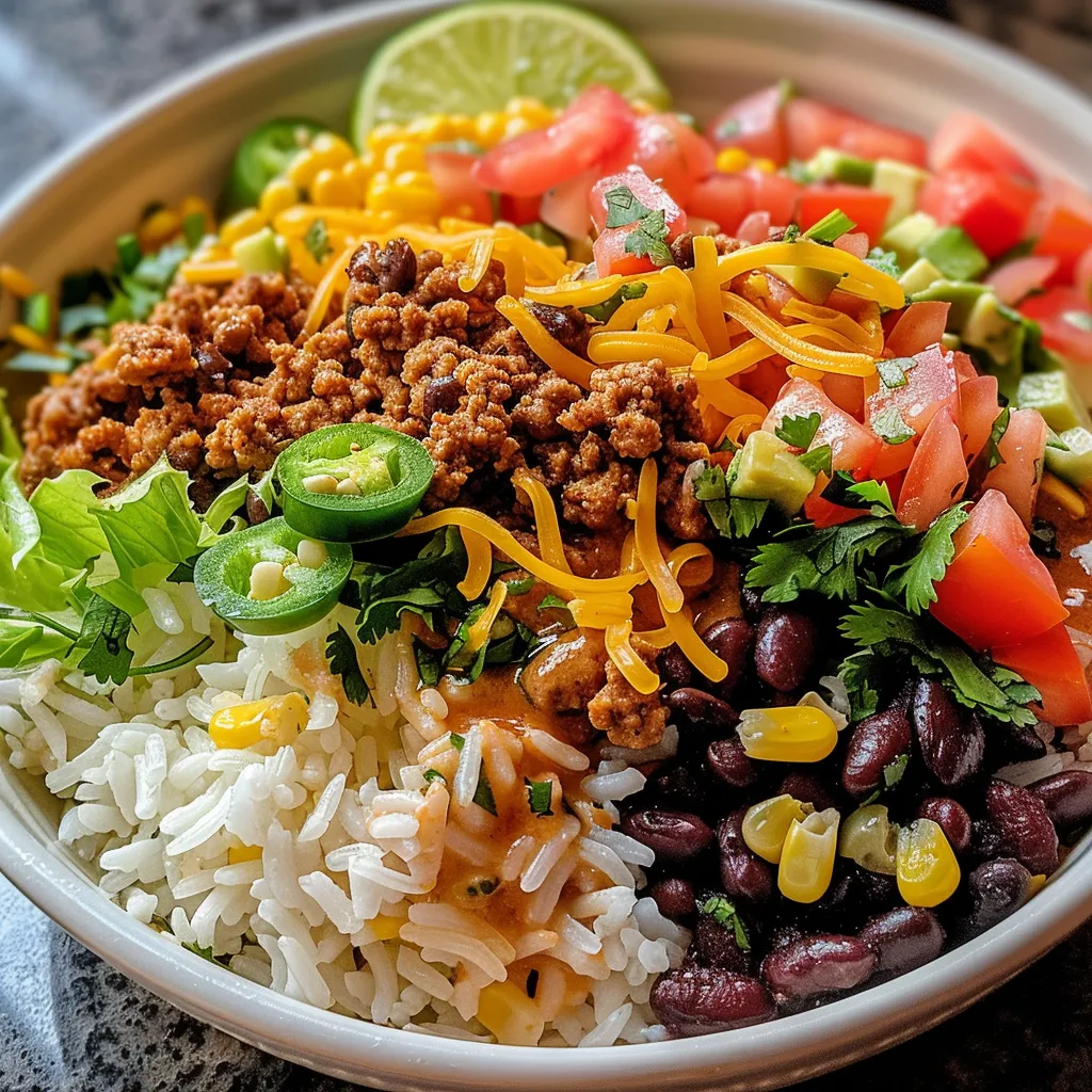 Side view of a Taco Rice Bowl showcasing ground beef, lettuce, and cheese.