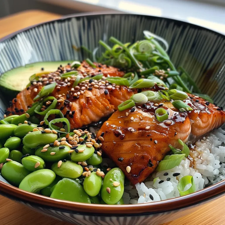 A close-up side view of a Teriyaki Salmon Sushi Bowl filled with rice, salmon, avocado, and garnishes.