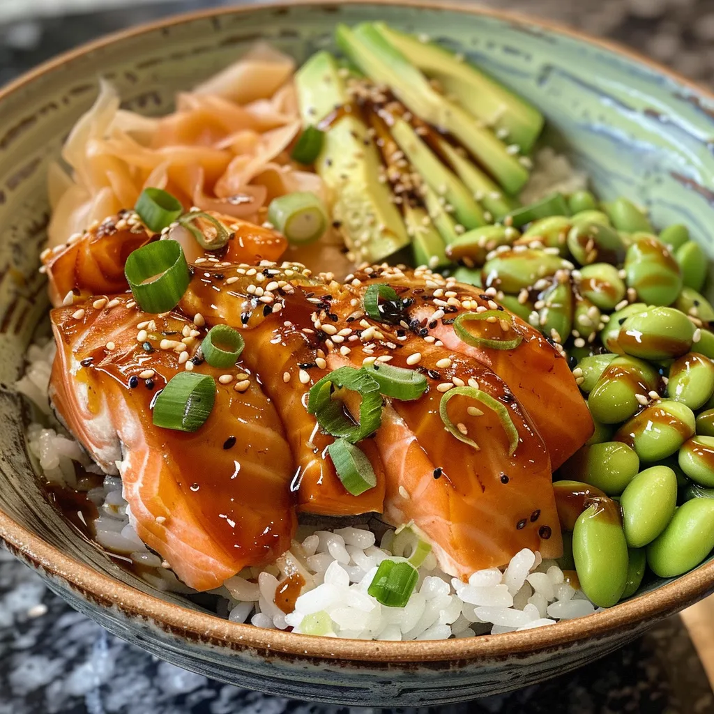 A vibrant Teriyaki Salmon Sushi Bowl showcasing tender salmon and fresh ingredients like edamame and spring onions.