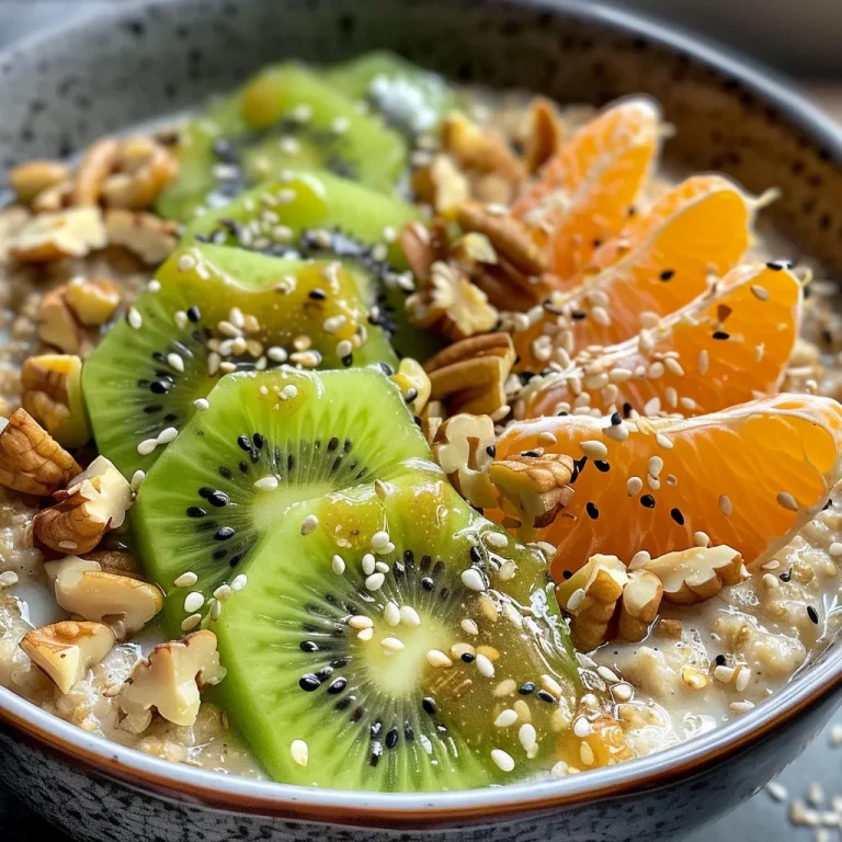A close-up view of a bowl of Tofu Oatmeal with kiwi and tangerine slices.