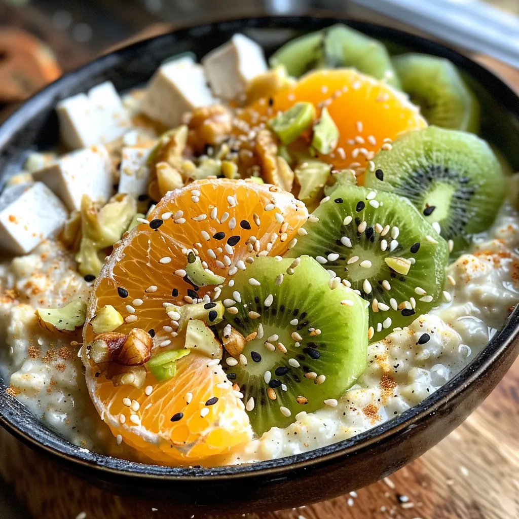 A side view of a creamy bowl of Tofu Oatmeal garnished with walnuts and sesame seeds.